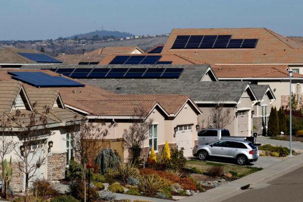 Solar panels on rooftops at a housing development in Folsom, Calif., on Feb. 12, 2020. (Rich Pedroncelli/AP Photo)