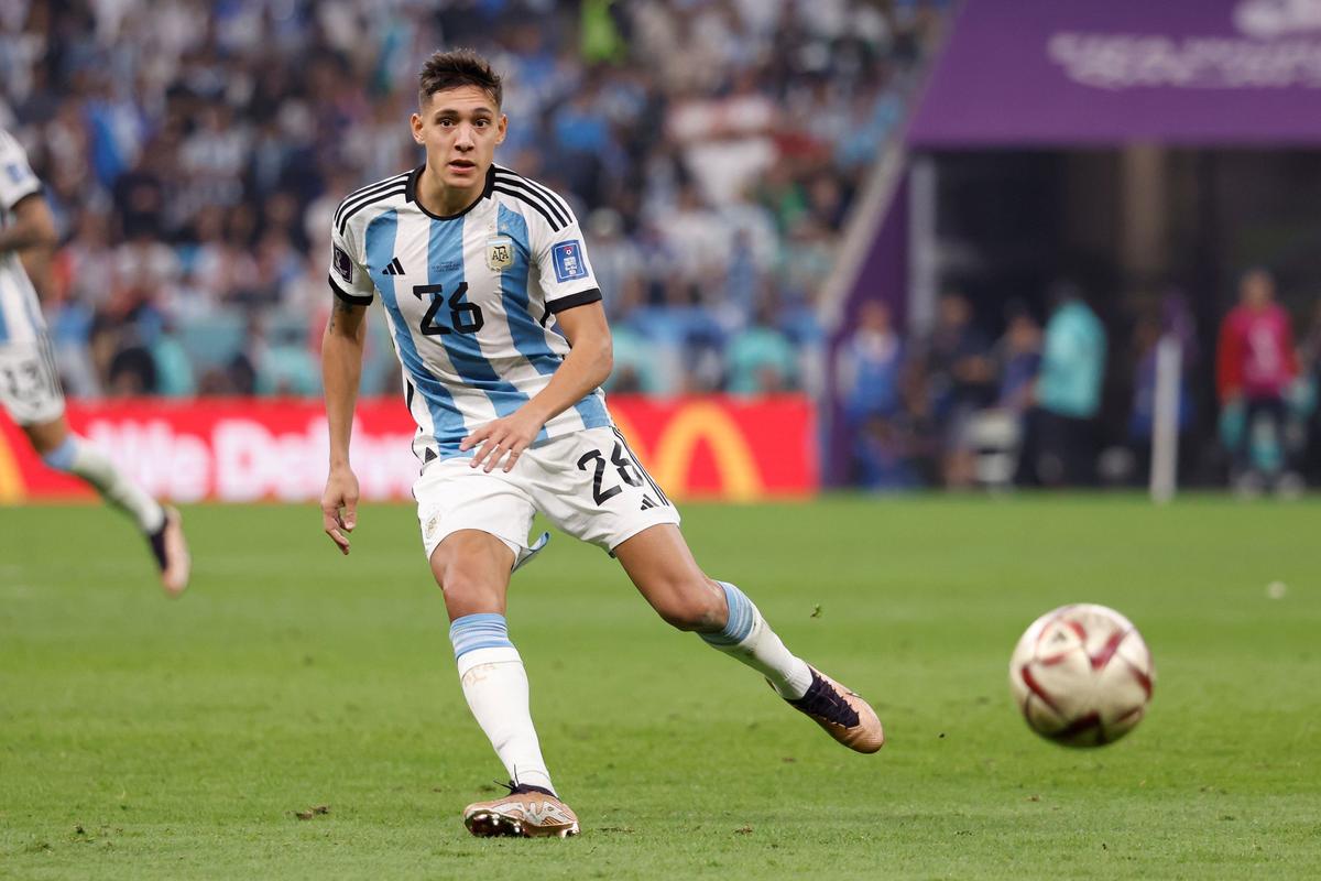 Argentina defender Nahuel Molina (26) looks on during the second half of a semifinal match against Croatia during the 2022 World Cup at Lusail Stadium in Qatar, on Dec. 13, 2022. (Yukihito Taguchi/USA TODAY Sports via Reuters)