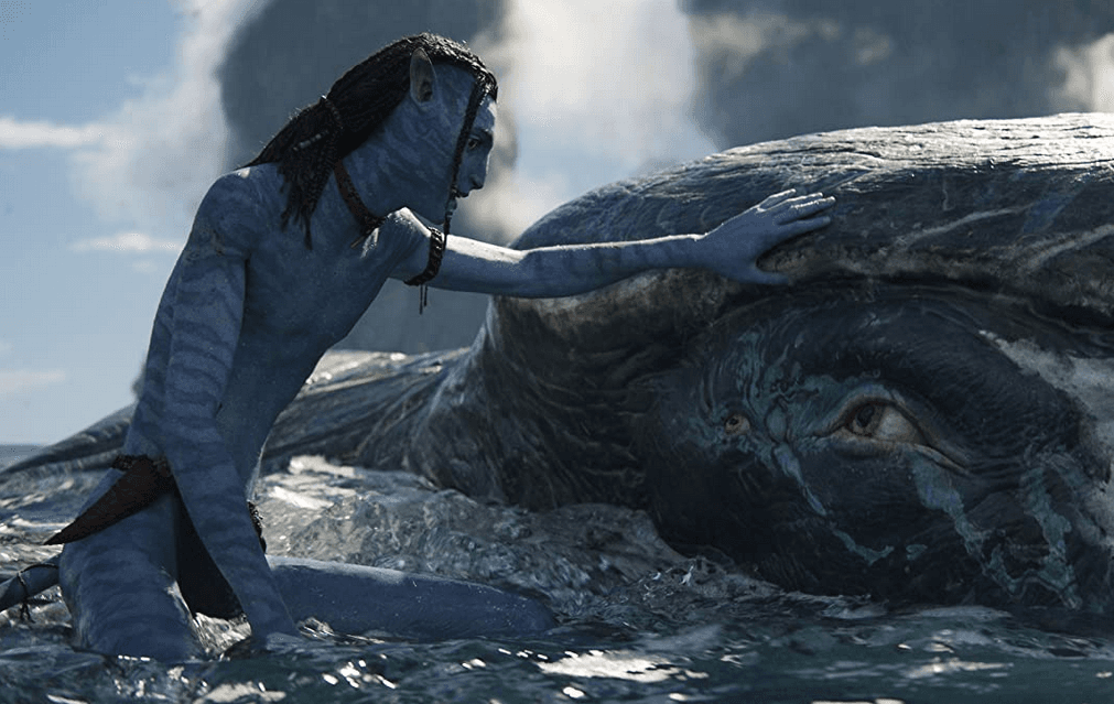 Lo'ak (Britain Dalton) bonding with his harpoon-wounded whale friend when he realizes they are both outcasts, in "Avatar: The Way of Water." (20th Century Studios)