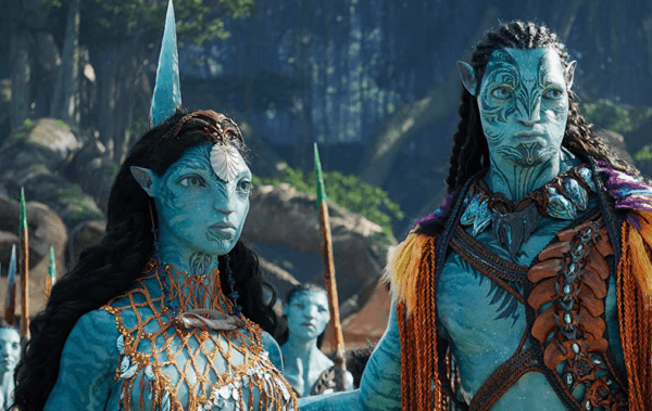 Warrior chieftain and his queen in "Avatar: The Way of Water." (20th Century Studios)