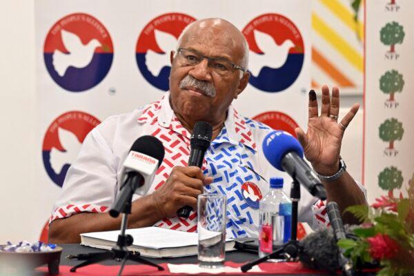 People's Alliance Party leader Sitiveni Rabuka gestures during a press conference while counting resumes after the Fijian election in Suva, Fiji, on Dec. 17, 2022. (Mick Tsikas/AAP Image via AP)