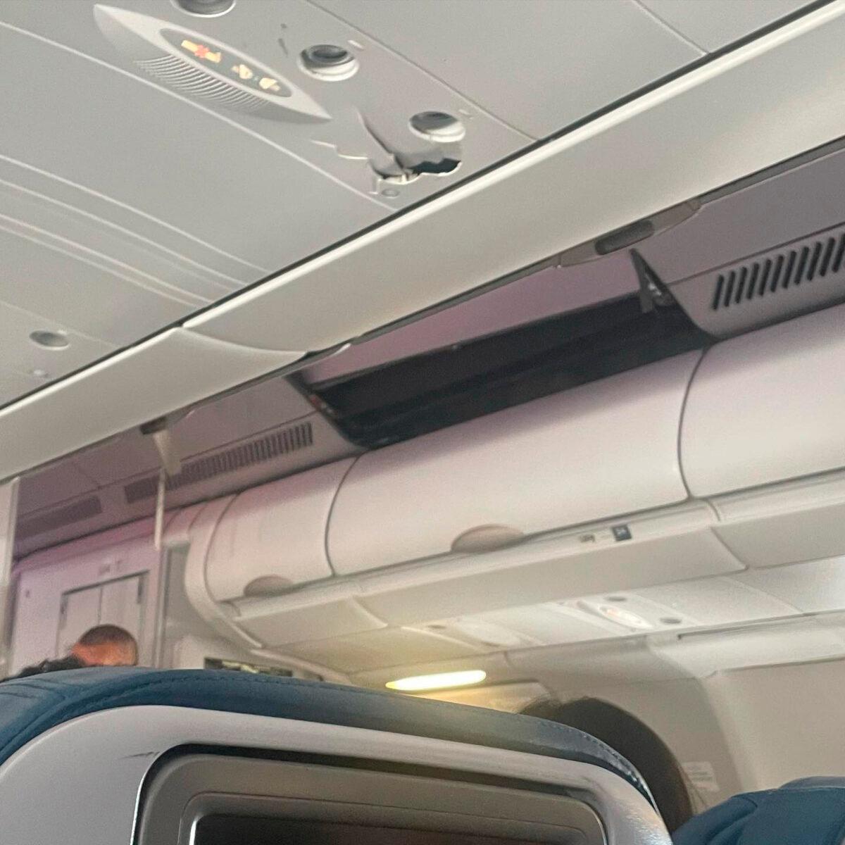 The interior of a Hawaiian Airlines plane on its flight from Phoenix to Honolulu, on Dec. 18, 2022, after severe turbulence rocked the flight. (Courtesy of Jazmin Bitanga via AP)