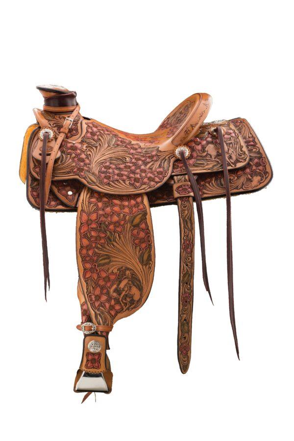 Cowboy craftsman Cary Schwarz made this 3/4 saddle to commemorate his 40th year as a saddler. The saddle is part of the “Traditional Cowboy Arts Exhibition & Sale” at the National Cowboy & Western Heritage Museum in Oklahoma City, that runs until Jan. 2, 2023. (National Cowboy & Western Heritage Museum)