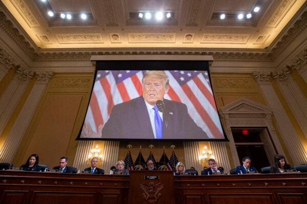 Former President Donald Trump is displayed on a screen during a meeting of the Jan. 6 House select committee in the Canon House Office Building on Capitol Hill in Washington on Dec. 19, 2022. (Al Drago/Getty Images)