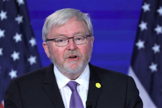 President of the Asia Society and former Australian prime minister Kevin Rudd speaks as he introduces U.S. Secretary of State Antony Blinken during an event at Jack Morton Auditorium of George Washington University in Washington, D.C., on May 26, 2022. (Alex Wong/Getty Images)