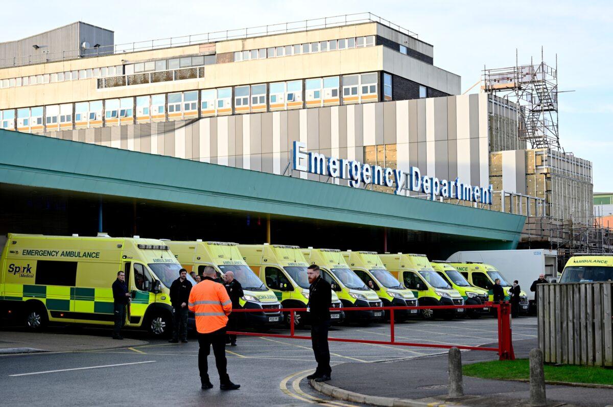 Ambulances are seen parked outside of Aintree University Hospital in Liverpool, United Kingdom, on Dec. 20, 2022. (Annabel Lee-Ellis/Getty Images)
