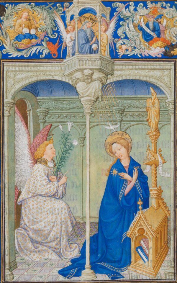 A close-up detail of the Limbourg brothers' depiction of God, the angel Gabriel, and the Virgin Mary in "The Annunciation" in "The Beautiful Hours of Jean of France, Duke of Berry." (Public Domain)
