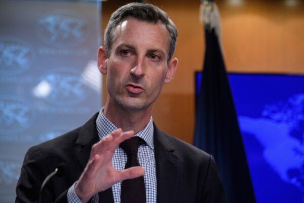 State Department spokesperson Ned Price speaks at the daily briefing at the State Department in Washington on Feb. 25, 2022. (Nicholas Kamm/Pool via Reuters)