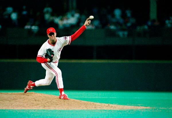 Cincinnati Reds pitcher Tom Browning delivers a pitch during a game against the Los Angeles Dodgers at Riverfront Stadium in Cincinnati on Sept. 16, 1988. (AP Photo)