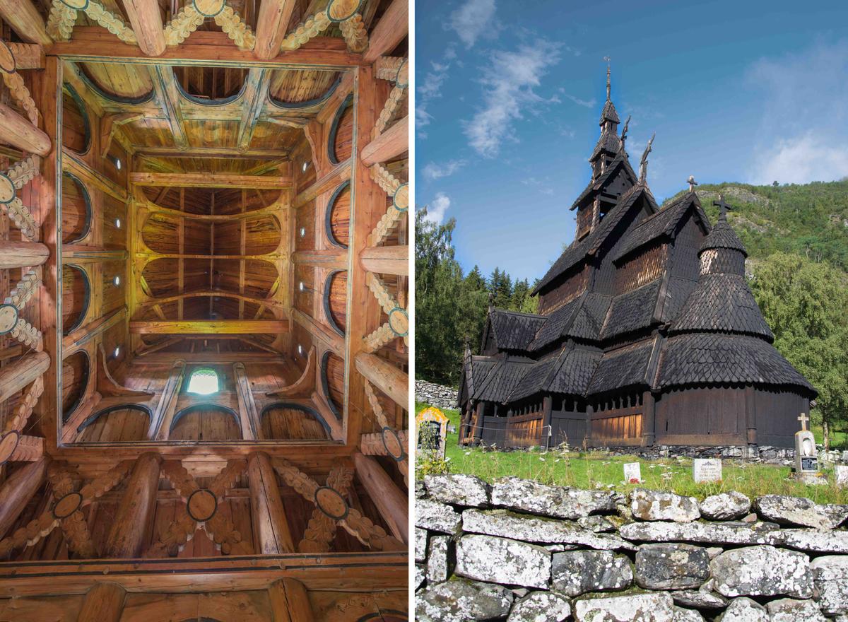 (Left) Looking upwards in the interior of Borgund Stave Church (Guido Vermeulen-Perdaen/Shutterstock); (Right) A posterior view of the outside of the church. (U. Gernhoefer/Shutterstock)