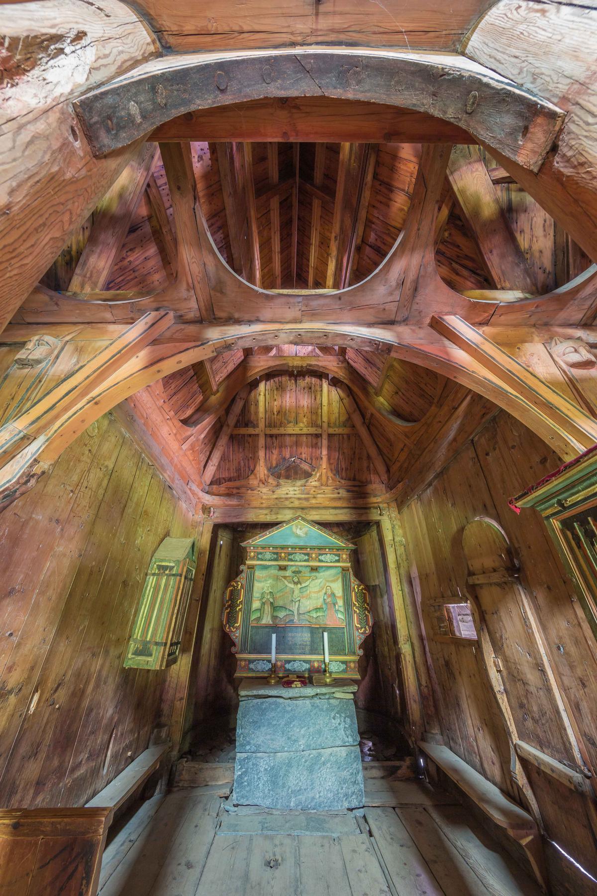 This photo shows the ceiling structure just above the altar in Borgund Stave Church in Norway. (Guido Vermeulen-Perdaen/Shutterstock)