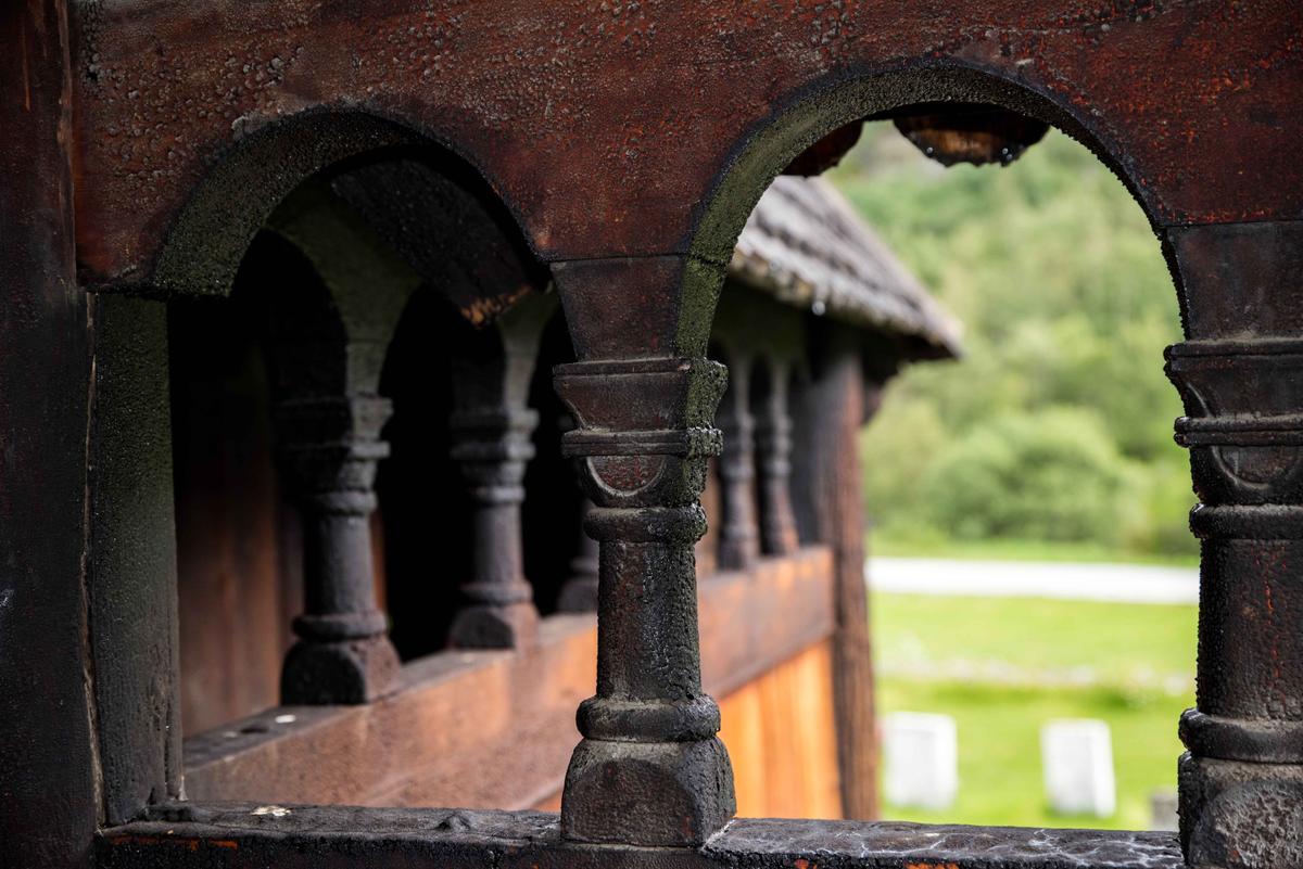 View looking out from the ambulatory of Borgund Stave Church in Norway. (sjors evers/Shutterstock)