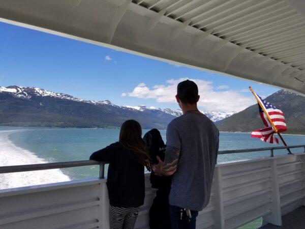 Matt Powers and his two children on the Alaska Marine Highway System Ferry. (Courtesy Matt Powers)
