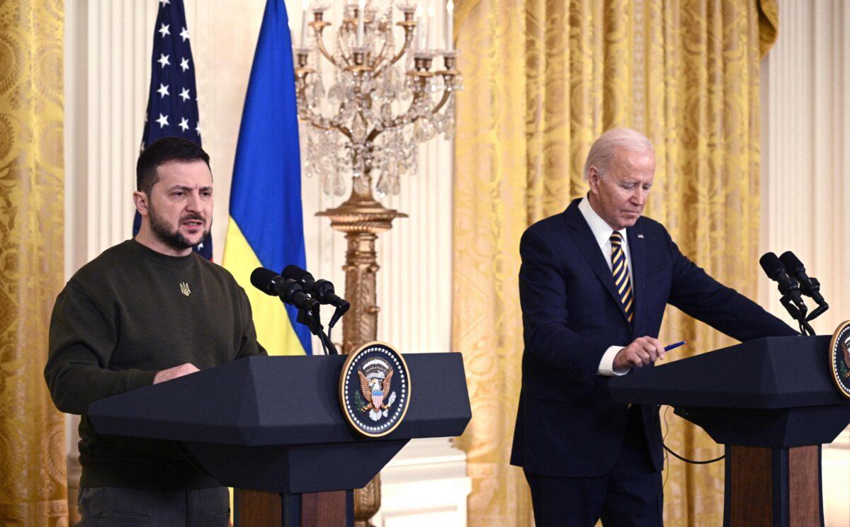 Ukraine's President Volodymyr Zelensky holds a joint press conference with U.S. President Joe Biden in the East Room of the White House on Dec. 21, 2022. (Brendan Smialowski/AFP via Getty Images)