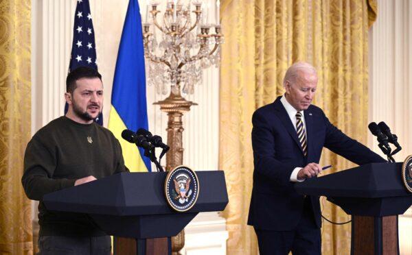Ukraine's President Volodymyr Zelenskyy holds a joint press conference with U.S. President Joe Biden in the East Room of the White House in Washington on Dec. 21, 2022. (Brendan Smialowski/AFP via Getty Images)