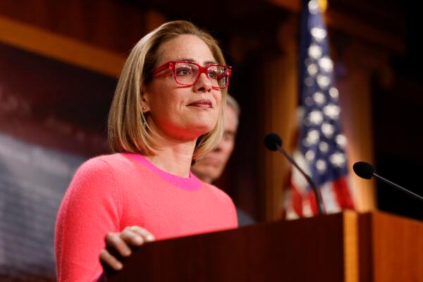 Arizona Sen. Kyrsten Sinema, then a Democrat and now an Independent, speaks at a news conference after the Senate passed the Respect for Marriage Act at the Capitol Building in Washington on Nov. 29, 2022. (Anna Moneymaker/Getty Images)