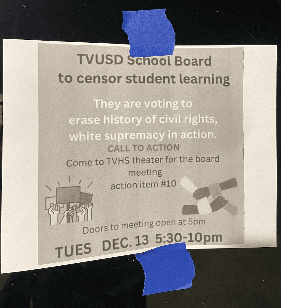 A sign posted at a school board meeting in Temecula, Calif., on Dec. 13, 2022. (Courtesy of Stephanie Dawson)