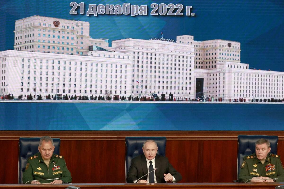 Russian President Vladimir Putin, Defense Minister Sergei Shoigu, and Chief of the General Staff of Russian Armed Forces Valery Gerasimov attend an annual meeting of the Defense Ministry Board in Moscow on Dec. 21, 2022. (Sputnik/Sergei Fadeichev/Pool via Reuters)