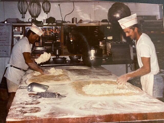 Bendt Bendtsen, Sr. (second generation) (left) and Bendt Bendtsen Jr. (third generation) at work together making kringle dough in Bendtsen’s Bakery, Racine, Wis., in 1980. (Courtesy of Bendtsen’s Bakery)
