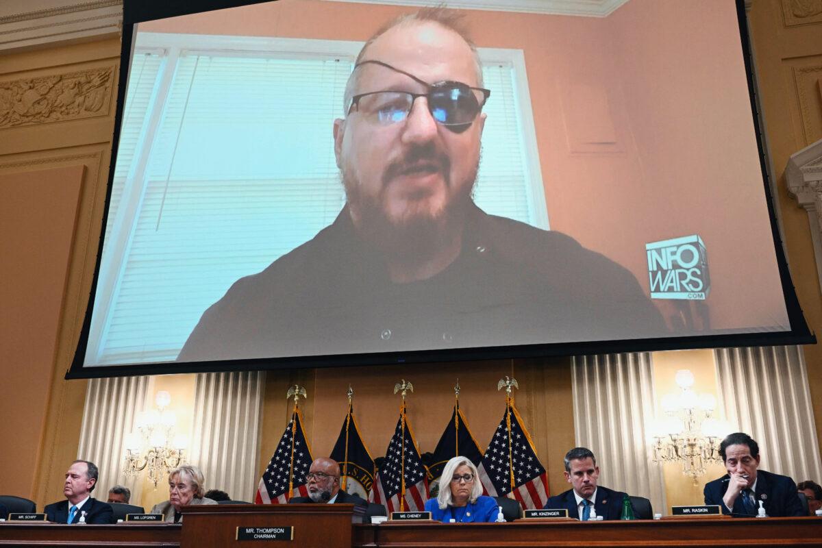 Oath Keepers founder Stewart Rhodes testifies on screen during a House Select Committee hearing on June 9, 2022. On Nov. 29, Rhodes is convicted by a federal jury of committing seditious conspiracy during the Jan. 6, 2021, Capitol breach. (BRENDAN SMIALOWSKI/AFP via Getty Images)