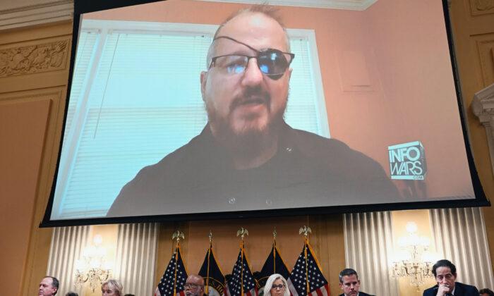 Oath Keepers founder Elmer Stewart Rhodes III on-screen during a House Select Committee hearing on June 9, 2022. On Nov. 29, Rhodes was convicted by a federal jury of seditious conspiracy during the Jan. 6, 2021, Capitol breach. (Brendan Smialowski/AFP via Getty Images)