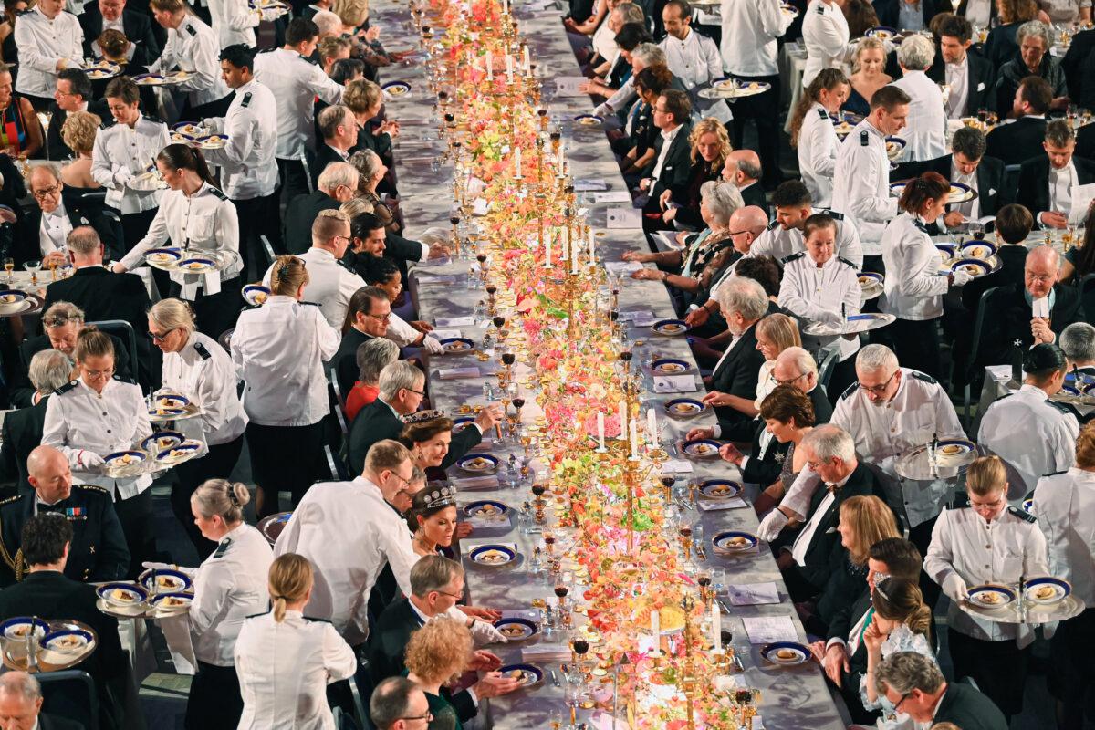 Laureates of the 2022 Nobel Prize enjoy a royal banquet following the award ceremony in Stockholm on Dec. 10, 2022. (JONATHAN NACKSTRAND/AFP via Getty Images)