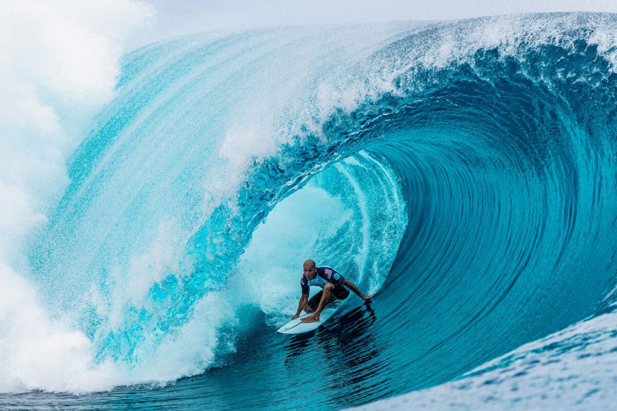 U.S. professional surfer Kelly Slater competes during the Outerknown Tahiti Pro in Teahupo'o, French Polynesia, on Aug. 18, 2022. (JEROME BROUILLET/AFP via Getty Images)