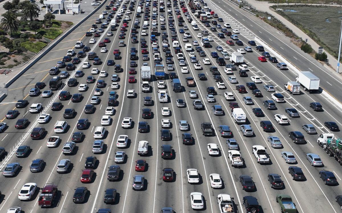 Traffic backs up at the San Francisco-Oakland Bay Bridge toll plaza on Aug. 24, 2022. California announces a ban on the sale of new gasoline-powered cars after 2035 in a push to transition to electric vehicles, on Aug. 25, 2022. (Justin Sullivan/Getty Images)