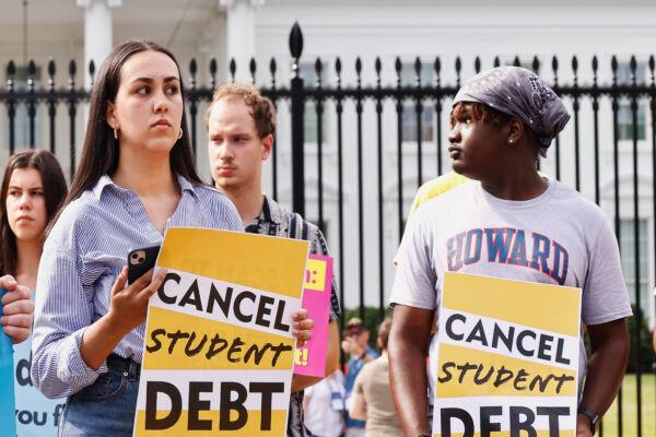 Student loan debtors hold a rally in front of the White House to celebrate President Joe Biden's plan to cancel student debt, which was later blocked by the Supreme Court, in Washington on Aug. 24, 2022. (Paul Morigi/Getty Images for We the 45m)