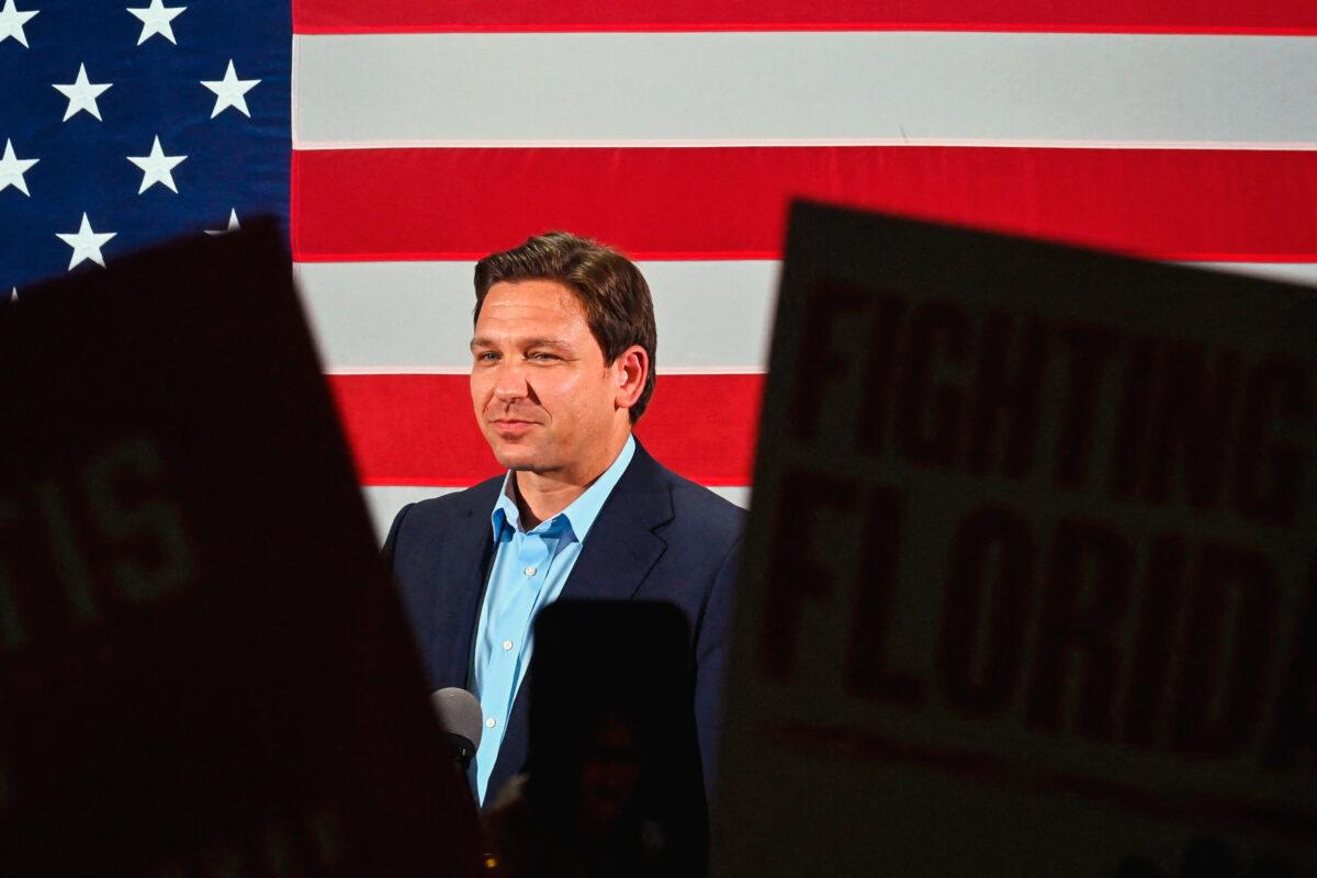 Florida Governor Ron DeSantis campaigns for re-election during a "Unite and Win" rally on the eve of the U.S. midterm elections, at Hialeah Park Clubhouse, in Hialeah, Fla., on Nov. 7, 2022. (Eva Marie Uzcategui/AFP)