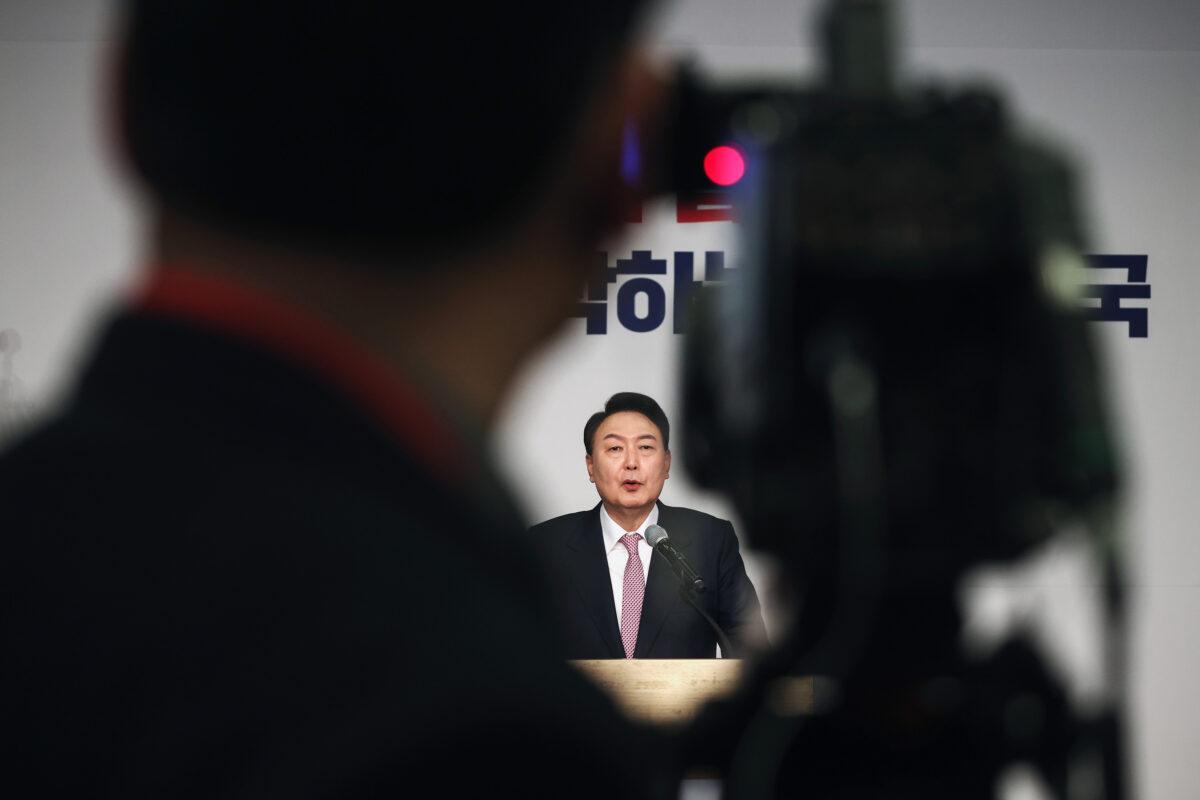 Yoon Suk-yeol from the People Power Party narrowly wins the presidential election for South Korea, on March 10, 2022. (Kim Hong-Ji - Pool/Getty Images)