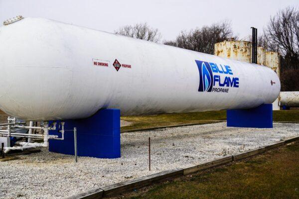 A view of the main propane holding tank at Blue Flame Propane Co. in Worth, Michigan, on Dec. 20, 2022. (Steven Kovac/The Epoch Times)