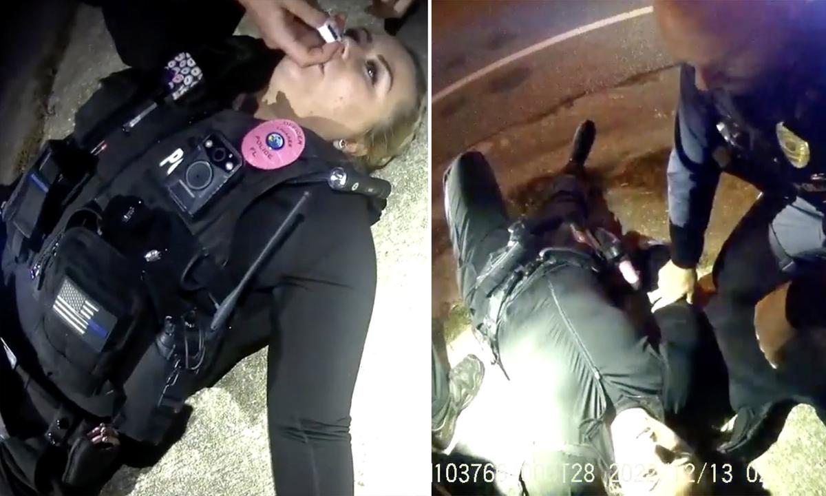 A screen capture of footage from a police body camera shows officers of Tavares Police Department applying a dose of NARCAN and aiding Officer Bannick as she was suffering an overdose during a traffic stop. (Courtesy of Tavares Police Department)