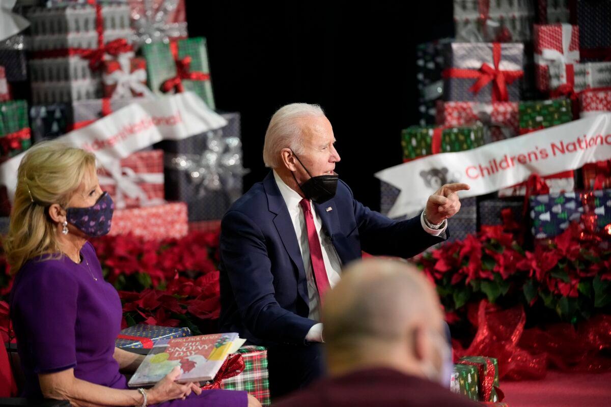 President Joe Biden speaks after First Lady Jill Biden read "The Snowy Day" by Ezra Jack Keats at Children's National Hospital in Washington on Dec. 23, 2022. (Andrew Harnik/AP Photo)