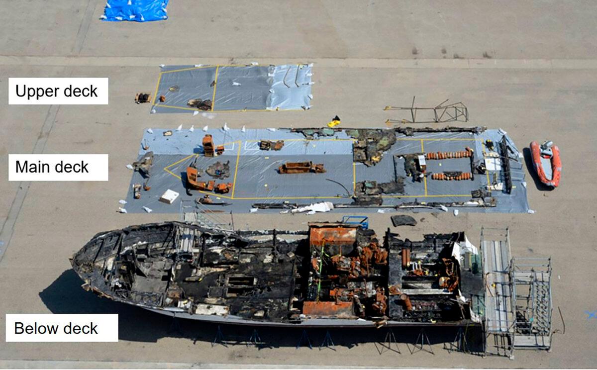 The wreckage of the dive boat Conception on a dock in Southern Calif. in a file photo. (NTSB via AP)