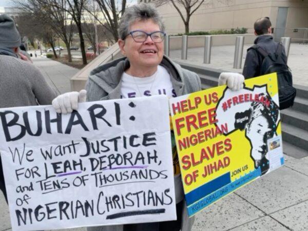 Faith McDonnell, an Anglican, protests in front of the U.S. Institute of Peace on Dec. 16, 2022. (Courtesy of Hulda Fahmy)