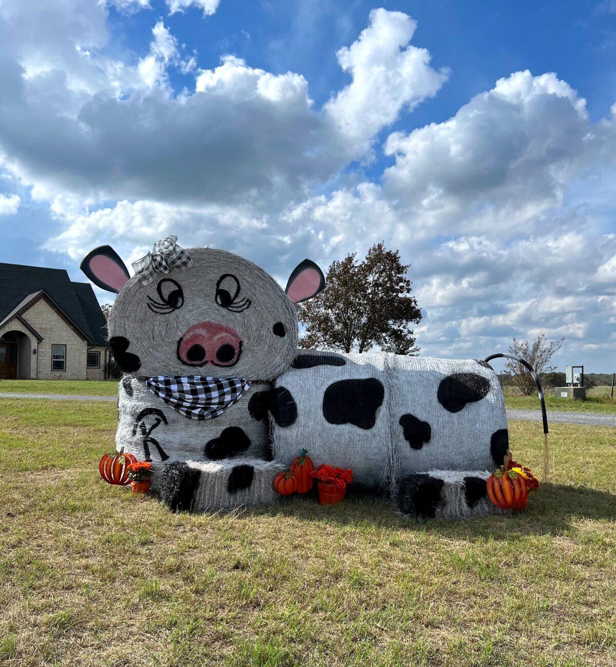 A hay bale sculpture of a cow. (Courtesy of <a href="https://www.facebook.com/groups/320200669469831/">Melissa Kelley</a>)