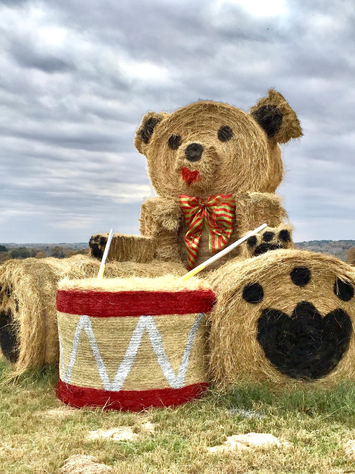 The bear with a drum was the couple's first hay bale sculpture which was created in 2016. (Courtesy of <a href="https://www.facebook.com/groups/320200669469831/">Melissa Kelley</a>)