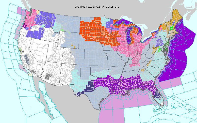 Weather warnings have been issued for millions of Americans ahead of a 'historic' winter storm. Regions shaded in orange are under blizzard warnings, while regions shaded in pink are under winter storm warnings. (NWS)