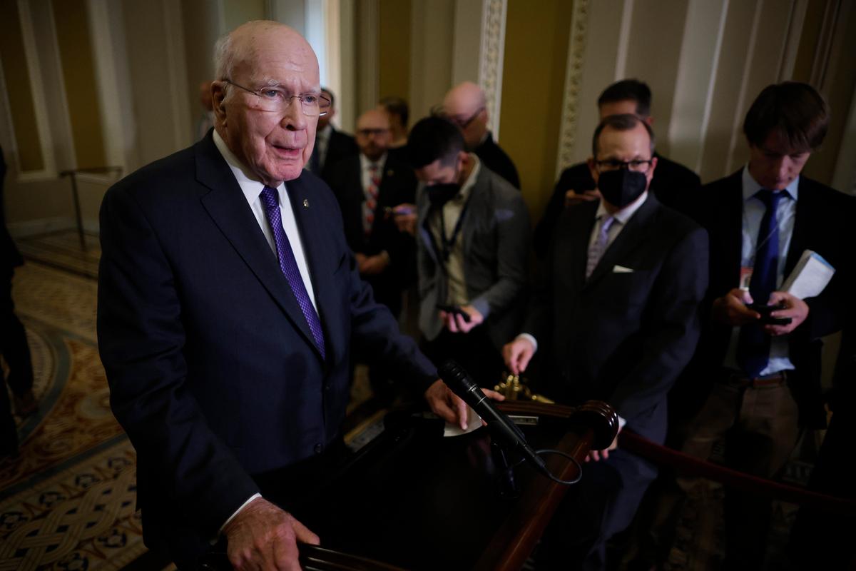 Senate Appropriations Committee Chairman Patrick Leahy (D-Vt.) talks to reporters following the weekly Democratic Senate policy luncheon at the U.S. Capitol in Washington, on Dec. 20, 2022. (Chip Somodevilla/Getty Images)