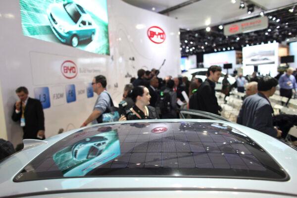 A solar panel is integrated into Chinese automaker BYD's F3BD, a hybrid vehicle, at the company's display at the North American International Auto Show in Detroit, Michigan, Jan. 10, 2011. (Geoff Robins/AFP via Getty Images)