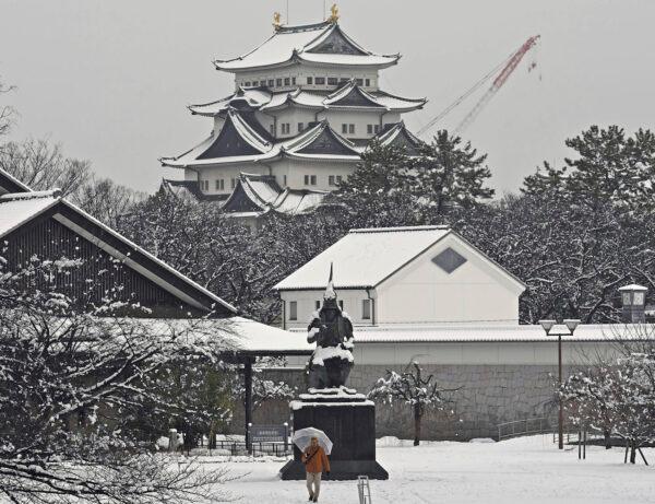 Nagoya castle is covered with snow on a winter day in Nagoya, Aichi prefecture, central Japan, on Dec. 24, 2022. (Kyodo News via AP)