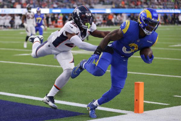 Cam Akers (3) of the Los Angeles Rams scores a touchdown during the fourth quarter of the game against the Denver Broncos at SoFi Stadium in Inglewood, Calif., on Dec. 25, 2022. (Katelyn Mulcahy/Getty Images)