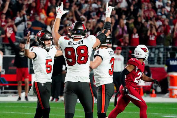 Tampa Bay Buccaneers place kicker Ryan Succop (5) celebrates his game-winning field goal during the second half of an NFL football game against the Arizona Cardinals in Glendale, Ariz., on Dec. 25, 2022. (Darryl Webb/AP Photo)