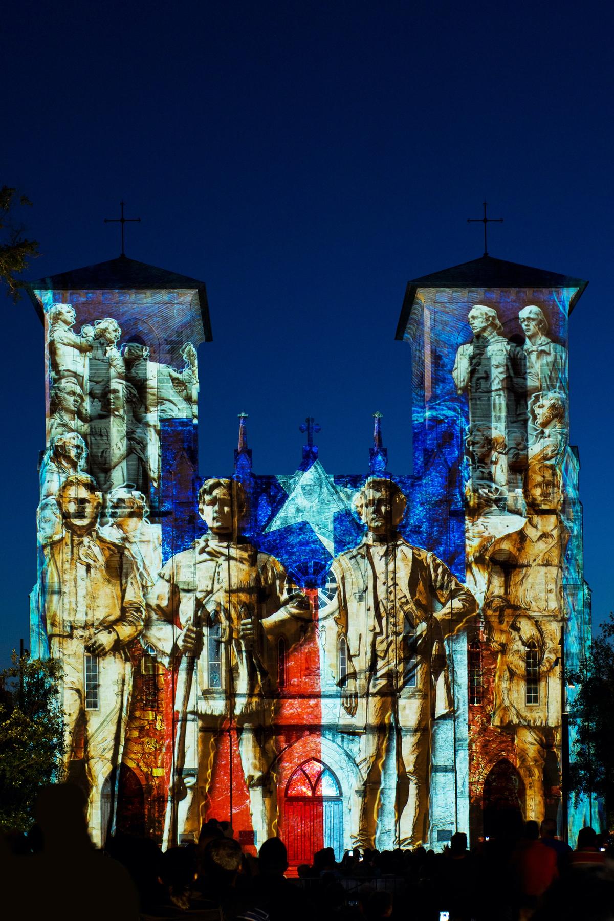 "Saga" is a multimedia light show depicting the history of Texas on the façade of San Fernando Cathedral. (San Antonio Visitors Bureau/TNS)