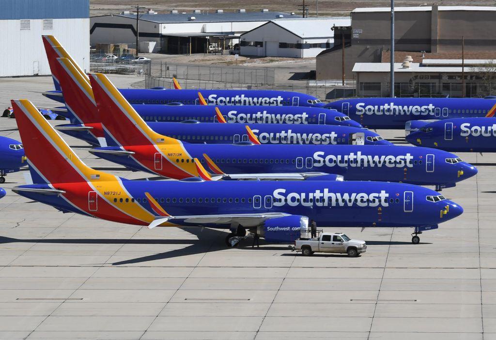 Southwest Airlines Boeing 737 MAX aircraft are parked on the tarmac after being grounded, at the Southern California Logistics Airport in Victorville, Calif., on March 28, 2019. (Mark Ralston/AFP via Getty Images)