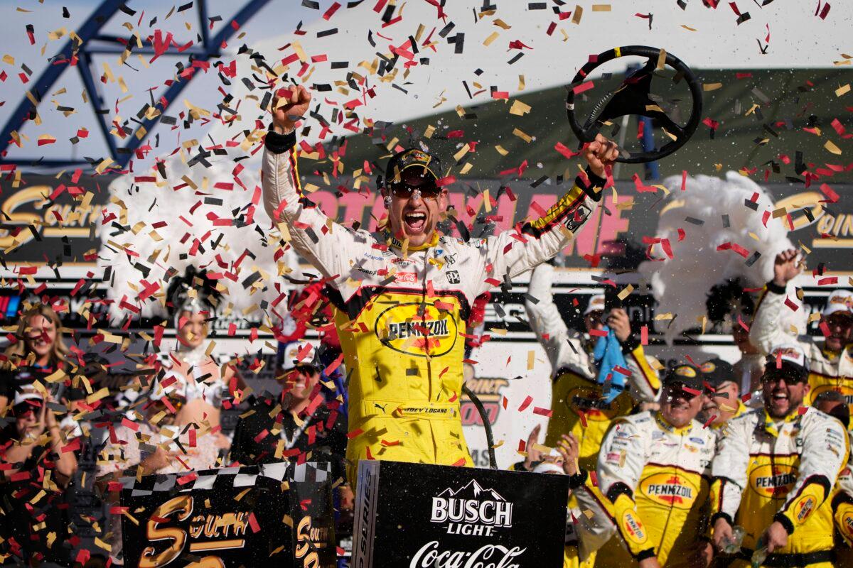 Joey Logano celebrates after winning a NASCAR Cup Series auto race in Las Vegas on Oct. 16, 2022. (John Locher/AP Photo)