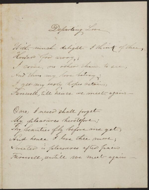 George Moses Horton’s poem “Departed Love,” digitized from the original by the Southern Historical Collection in the Wilson Special Collections Library at the University of North Carolina. (Public Domain)