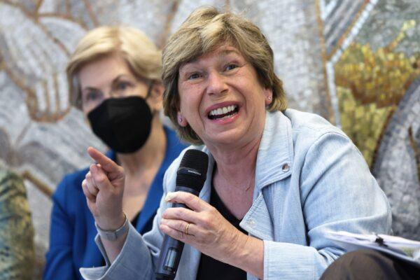 With Sen. Elizabeth Warren (D-Mass.) looking on, American Federation of Teachers President Randi Weingarten speaks at an AFL-CIO event in support of student debt cancellation, in Washington, on June 22, 2022. (Alex Wong/Getty Images)