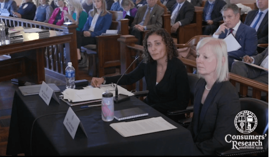 Dalia Blass, BlackRock’s head of external affairs, and Lori Heinel, State Street Global Advisors chief investment officer, during a Texas Senate Committee hearing in Marshall, Texas, on Dec. 15, 2022. (Consumers’ Research YouTube page/Screenshot via The Epoch Times)